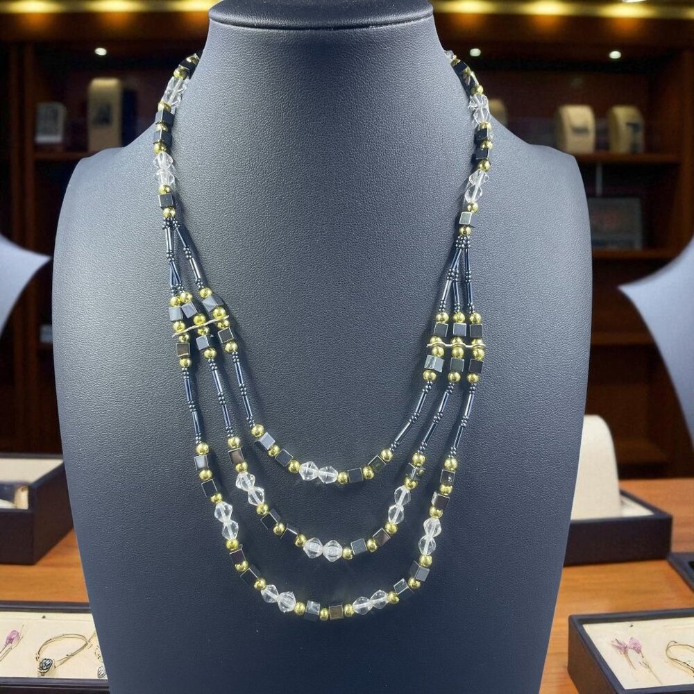 Vintage Style Multi Strand Beaded Necklace Black Gold‎ Clear Boho Layered 17.5"